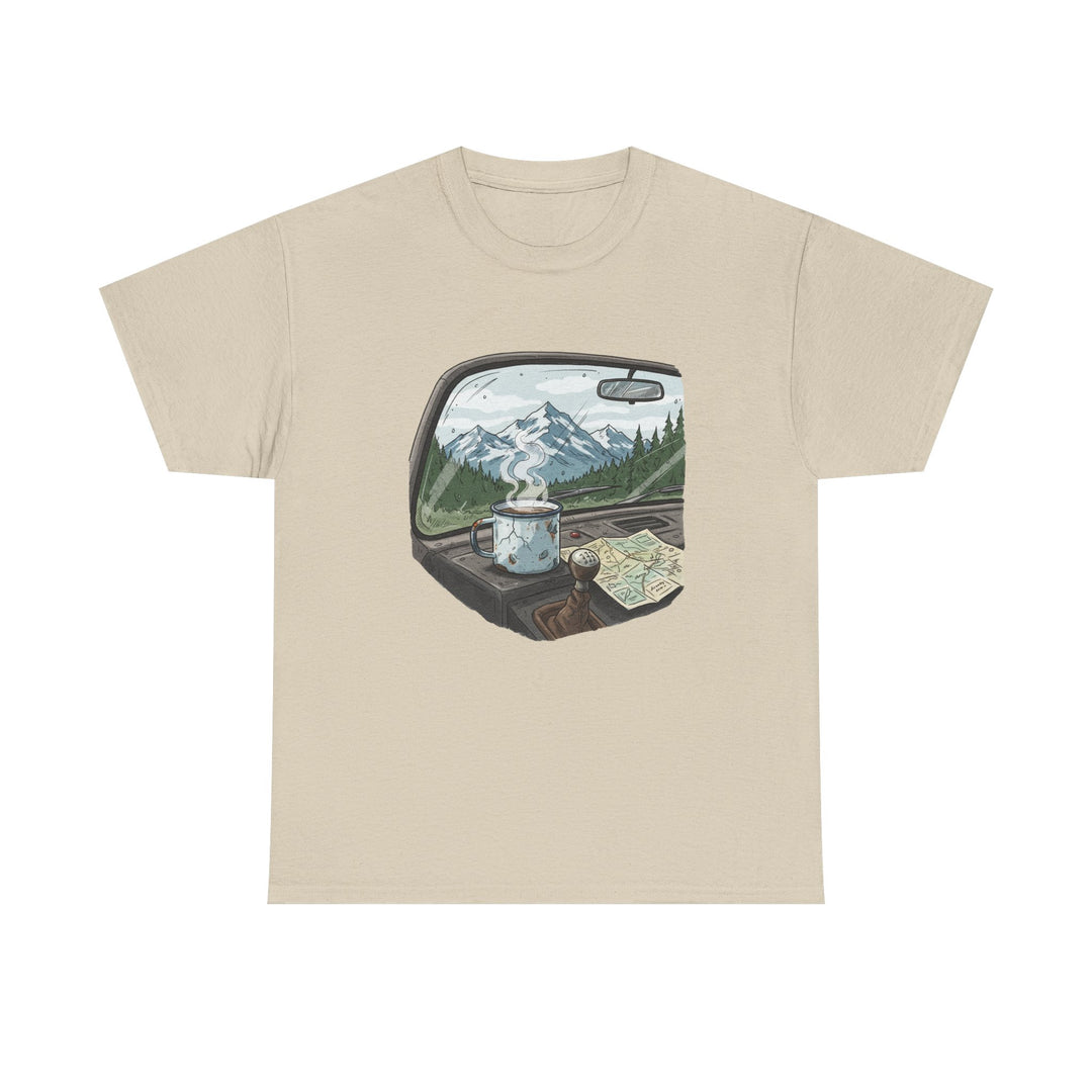 Van Roadtrip View T-Shirt featuring a scenic travel-inspired design. Soft cotton comfort perfect for van life, road trips, and outdoor adventures.