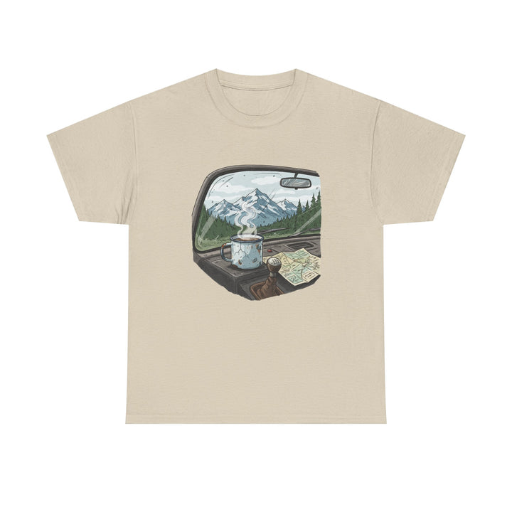 Van Roadtrip View T-Shirt featuring a scenic travel-inspired design. Soft cotton comfort perfect for van life, road trips, and outdoor adventures.