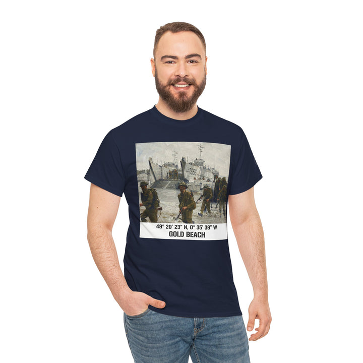 Navy t-shirt with Gold Beach coordinates by Veteran owned, featuring a D-Day Normandy tribute graphic on the front, styled with jeans.
