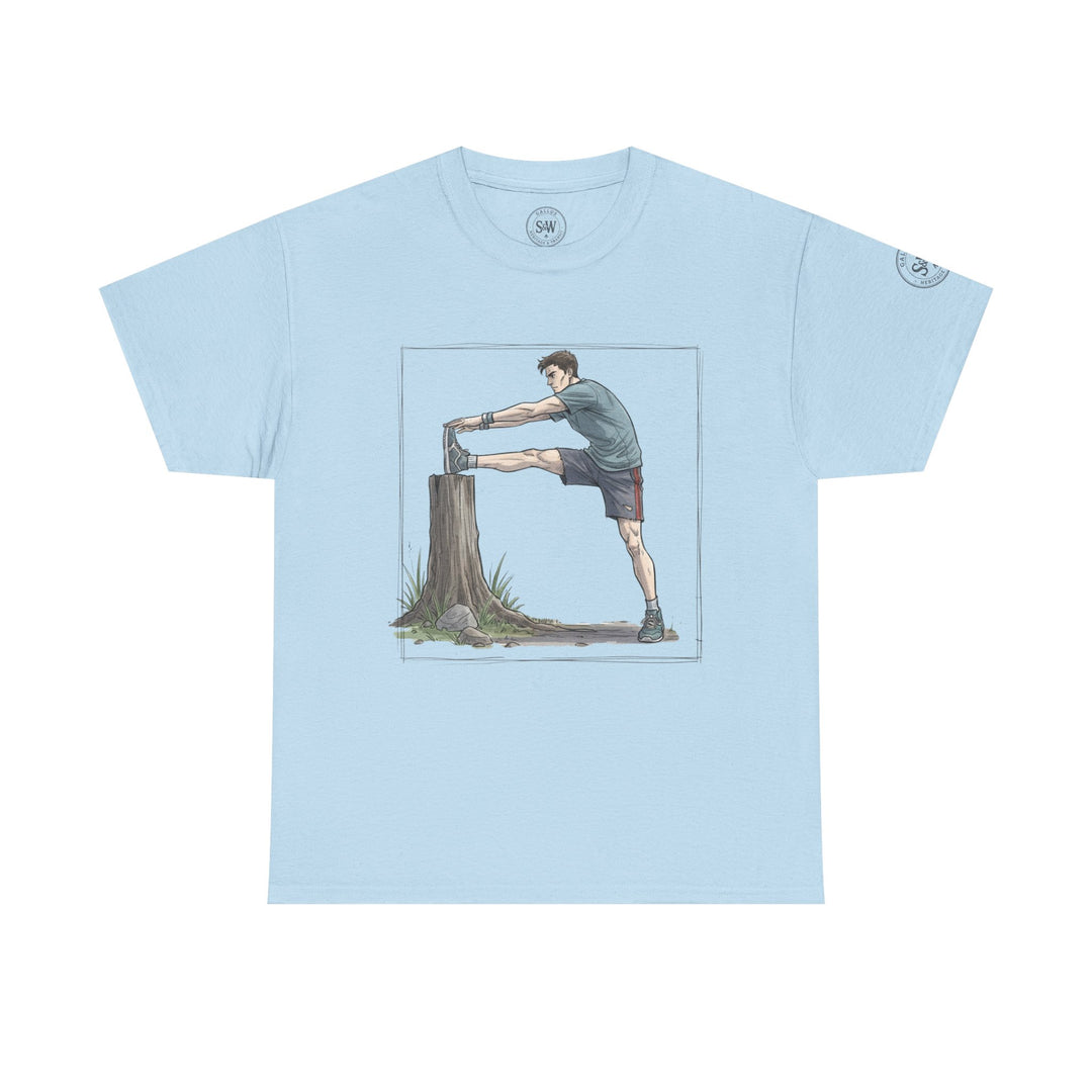 Light blue t-shirt by S&amp;W Gallus with a graphic of a man stretching on a tree stump.