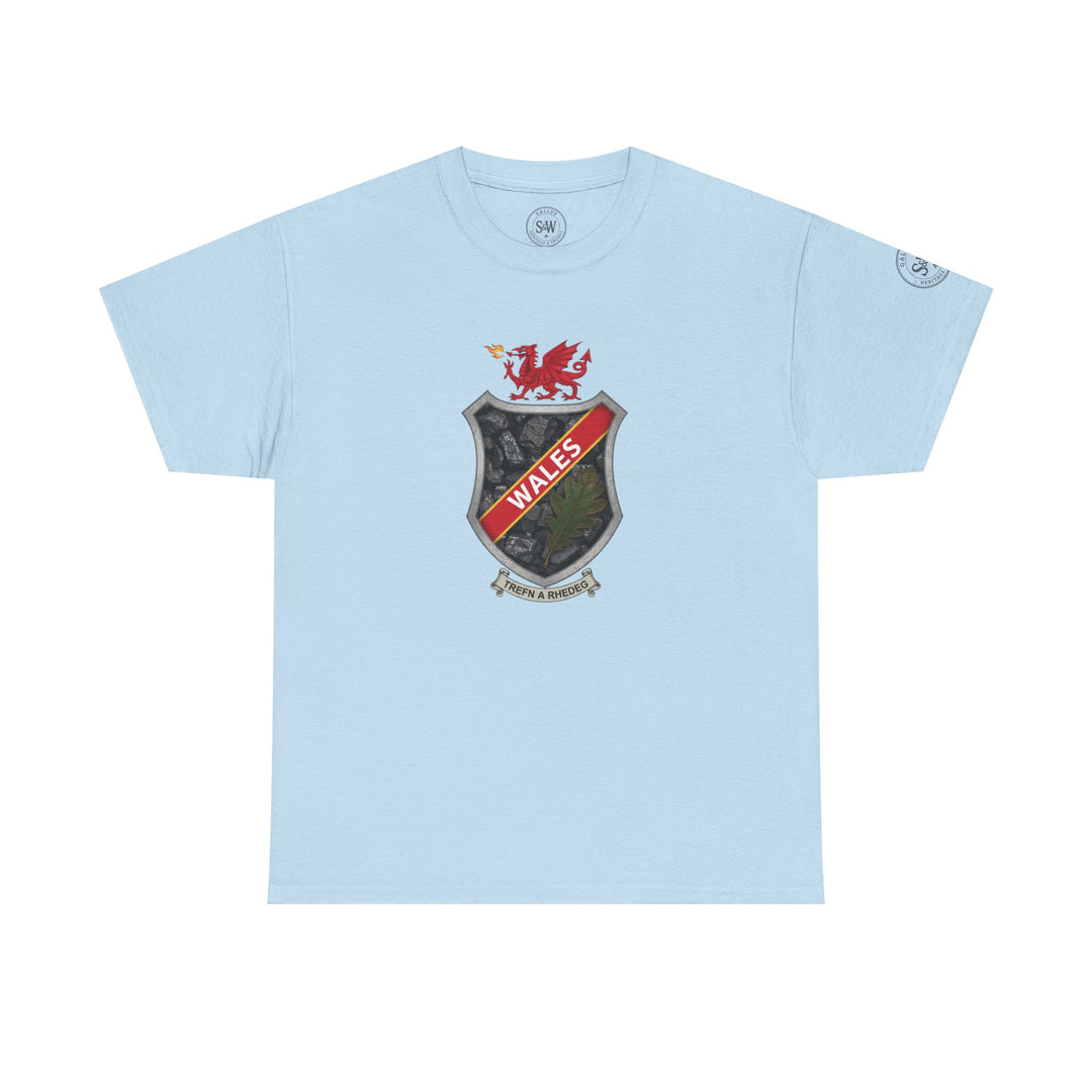 Light blue T-shirt by S&amp;W Gallus featuring a central shield crest design with a dragon, coal, oak leaf, and Welsh text.