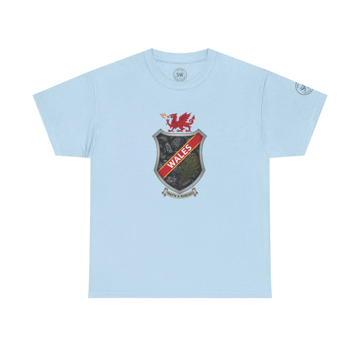 Light blue T-shirt by S&amp;W Gallus featuring a central shield crest design with a dragon, coal, oak leaf, and Welsh text.