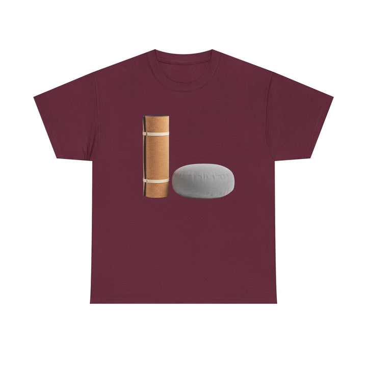 Mat &amp; Meditation Cushion Tee – soft, breathable cotton featuring a yoga-inspired design. Perfect for meditation, studio practice, or mindful everyday wear.