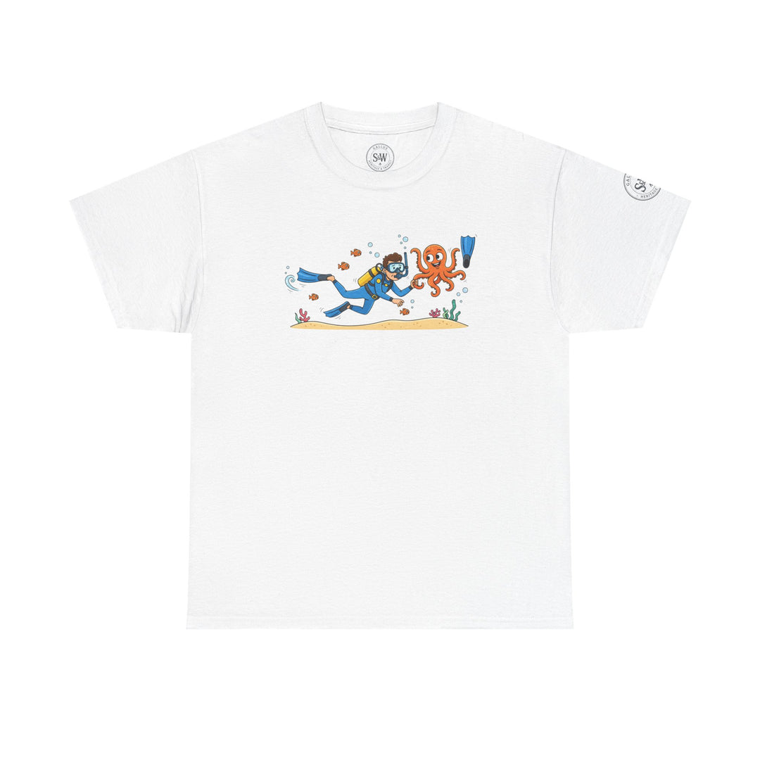White t-shirt by S&amp;W Gallus featuring a cartoon graphic of a diver interacting with an octopus in the ocean.