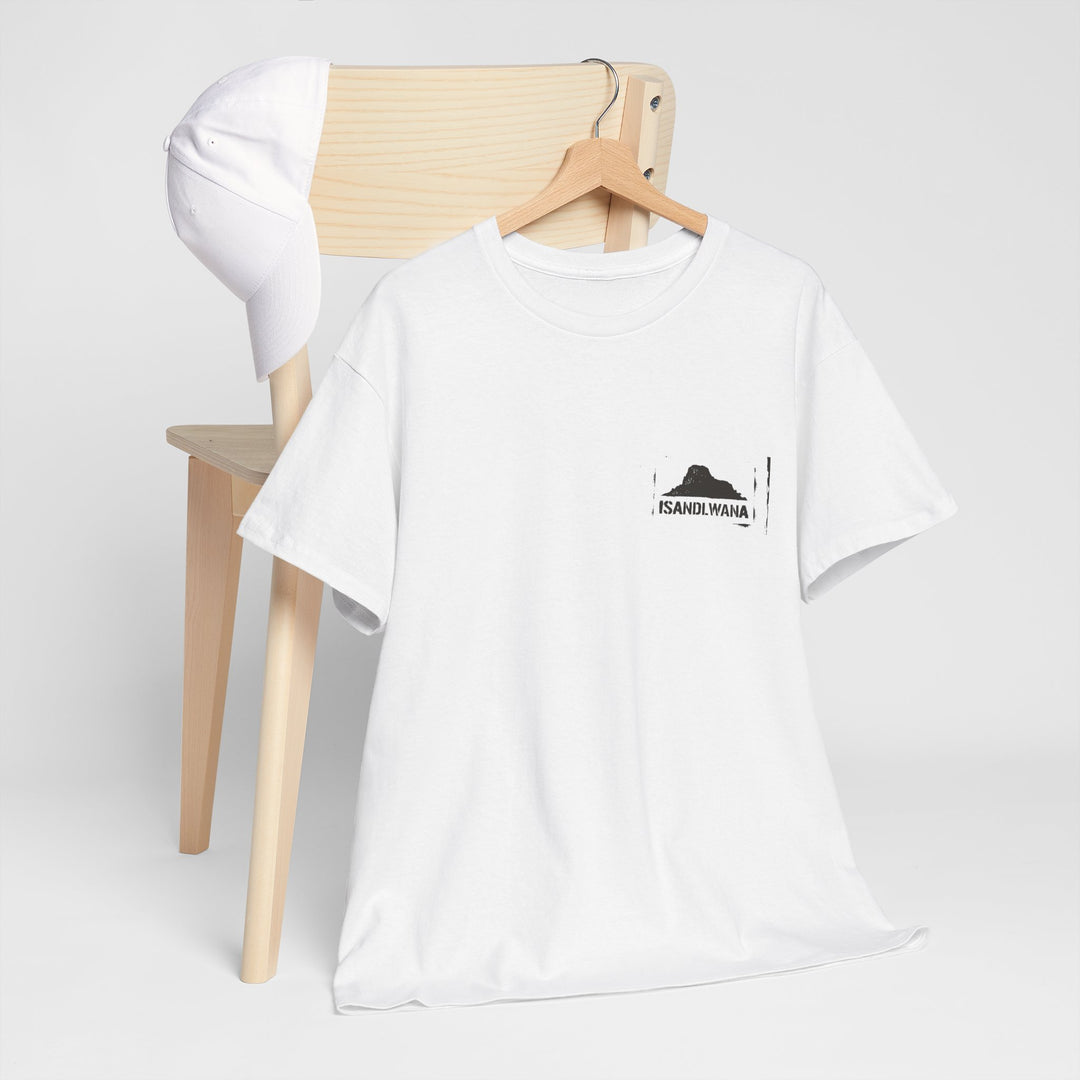 Minimal Rorke’s Drift landscape tee with “Isandlwana Over My Heart” design. Subtle Anglo-Zulu War tribute for true history enthusiasts.