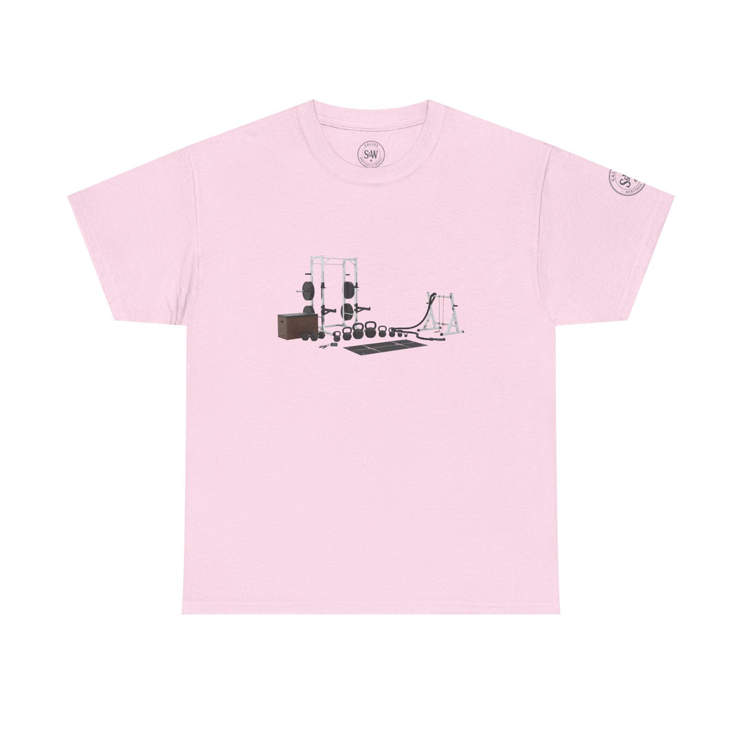 Pink t-shirt by S&amp;W Gallus featuring a circuit set graphic on the front.