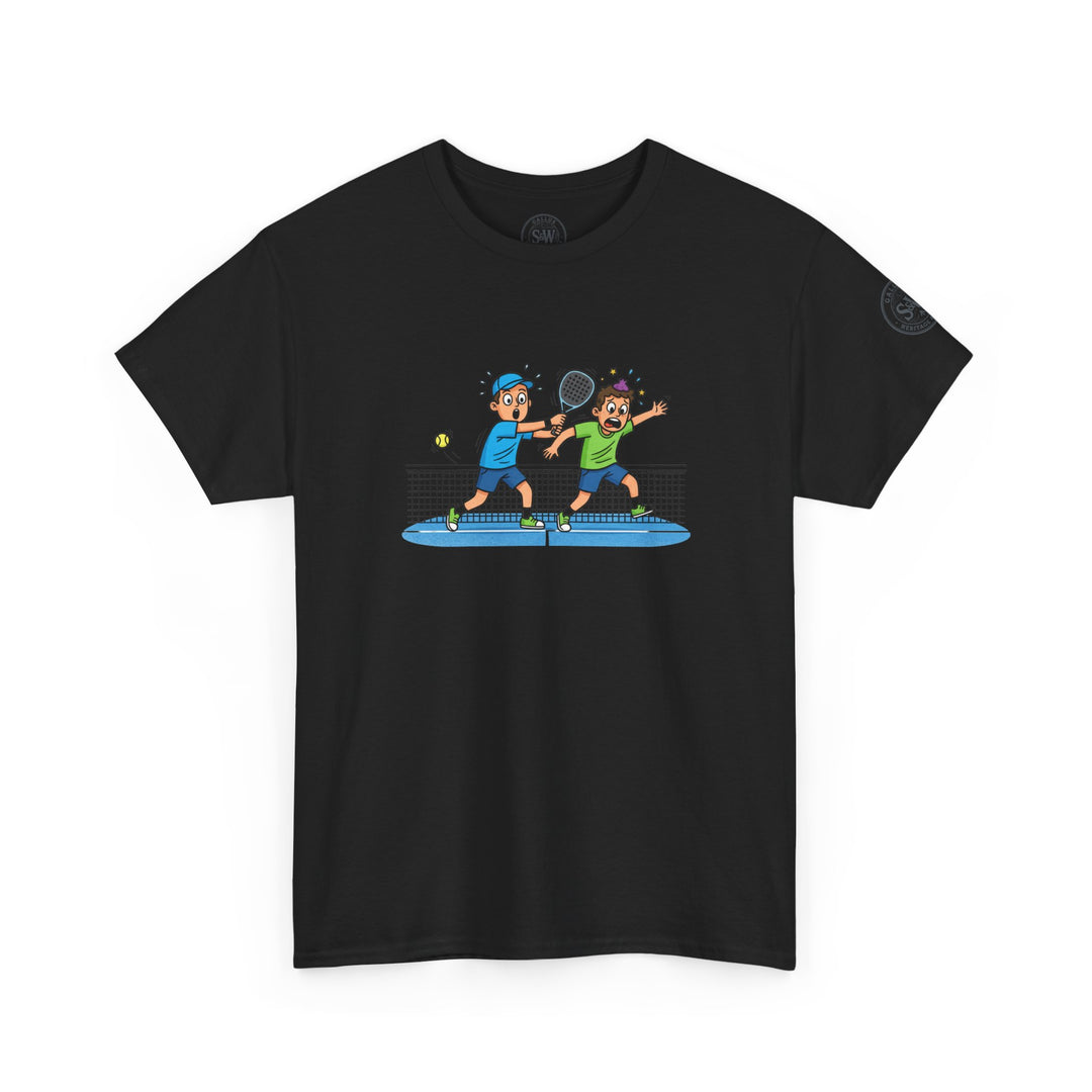 Black graphic t-shirt by S&amp;W Gallus, featuring a cartoon illustration of two people playing padel tennis.
