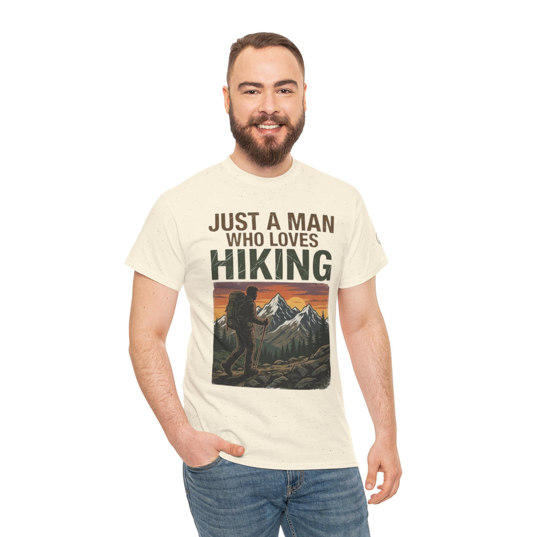 Beige graphic tee shirt by Veteran owned, featuring a hiking design, worn with jeans.