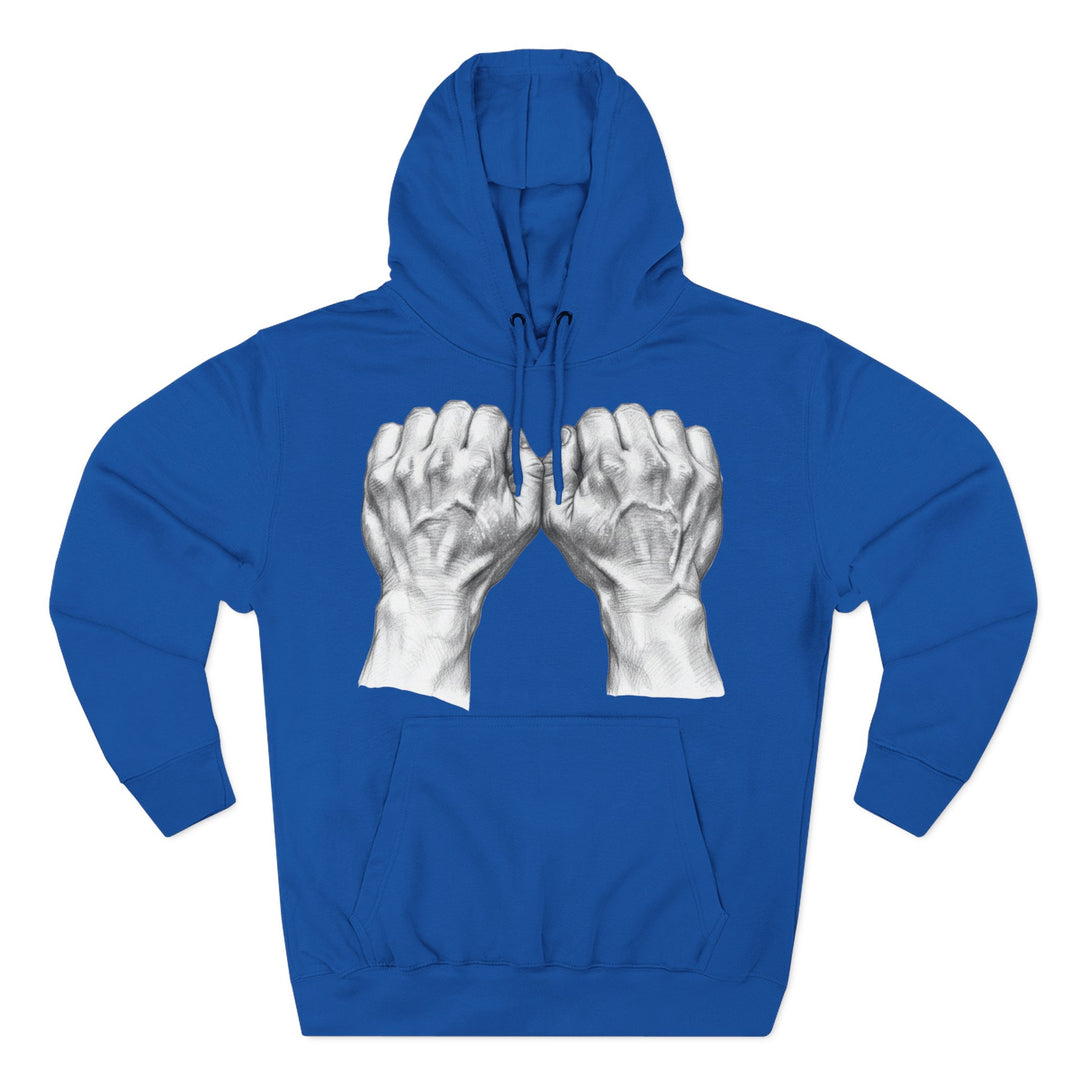 Royal blue hoodie by S&amp;W Gallus featuring a graphic print of two clenched fists.