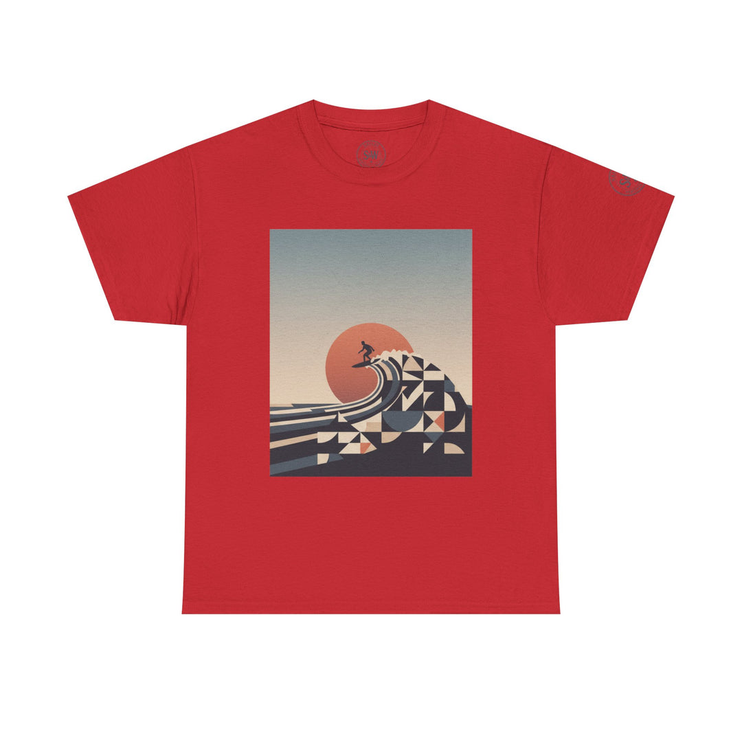 Red t-shirt by S&amp;W Gallus featuring a surfer on a mosaic wave with a sun in the background.