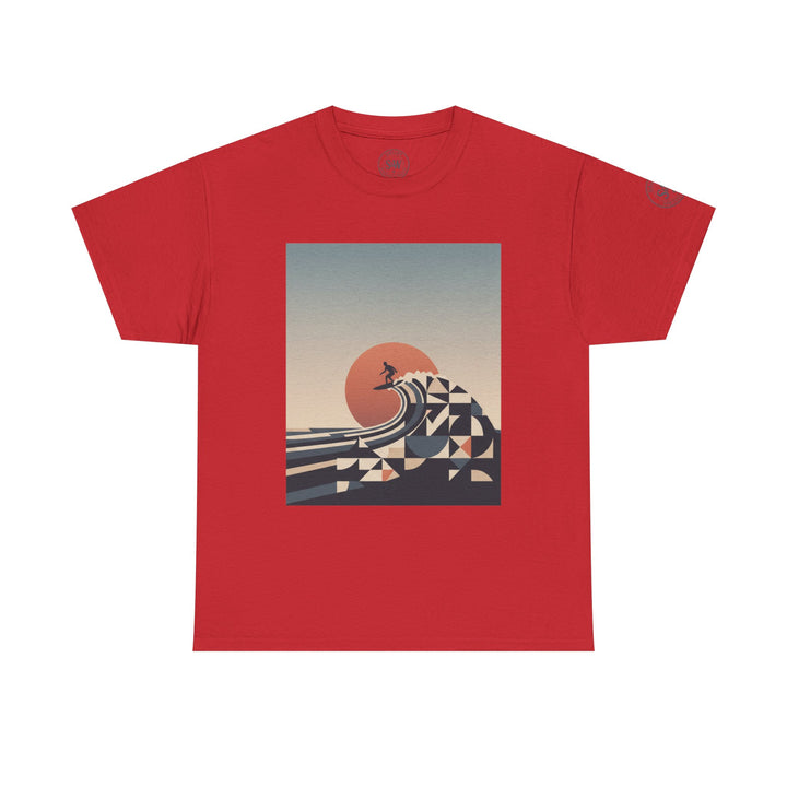 Red t-shirt by S&amp;W Gallus featuring a surfer on a mosaic wave with a sun in the background.