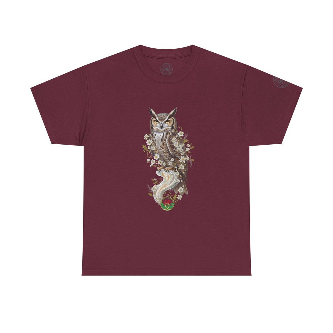 Burgundy t-shirt by S&amp;W Gallus featuring an owl and floral graphic print on the front.