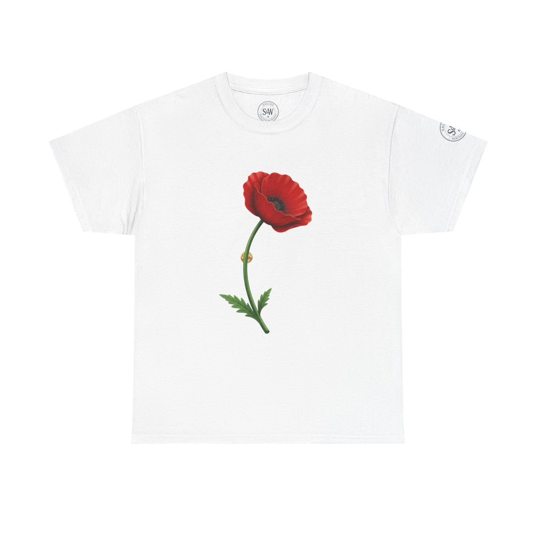 White t-shirt by S&amp;W Gallus with a red poppy flower graphic on the front.