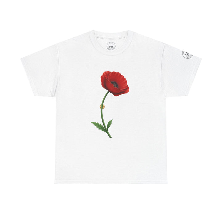 White t-shirt by S&amp;W Gallus with a red poppy flower graphic on the front.