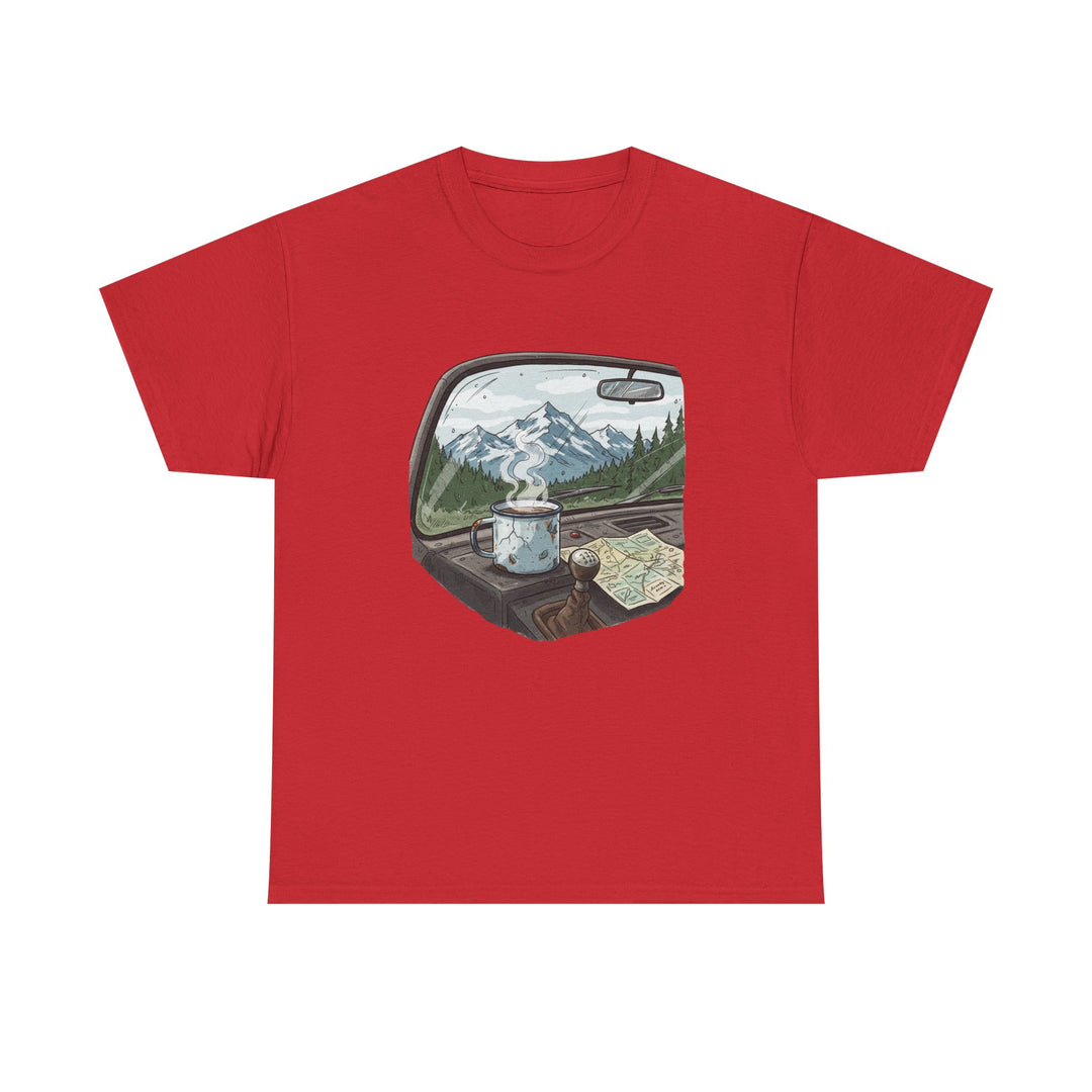 Van Roadtrip View T-Shirt featuring a scenic travel-inspired design. Soft cotton comfort perfect for van life, road trips, and outdoor adventures.