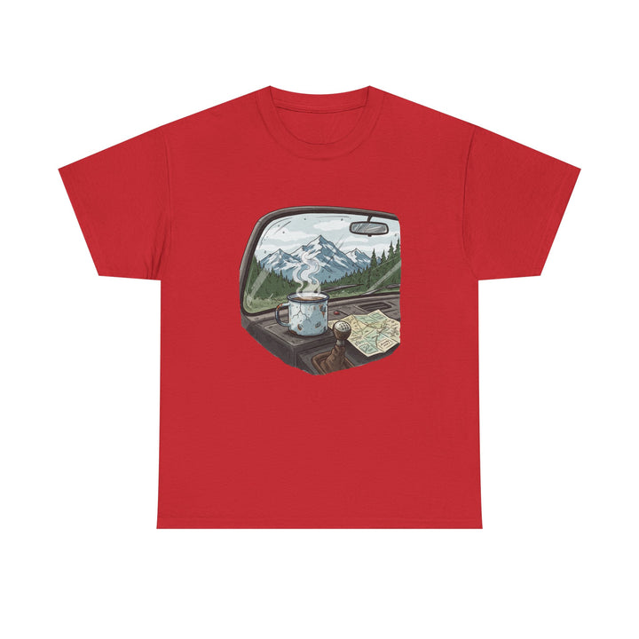 Van Roadtrip View T-Shirt featuring a scenic travel-inspired design. Soft cotton comfort perfect for van life, road trips, and outdoor adventures.