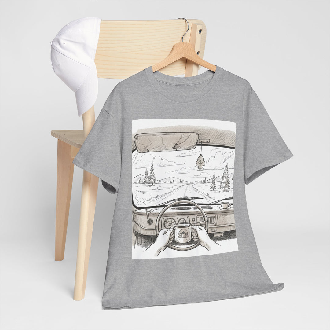 Scenic Drive Van Illustration Tee – soft cotton with a detailed van and landscape design. Perfect for road trips, outdoor adventures, and casual wear.