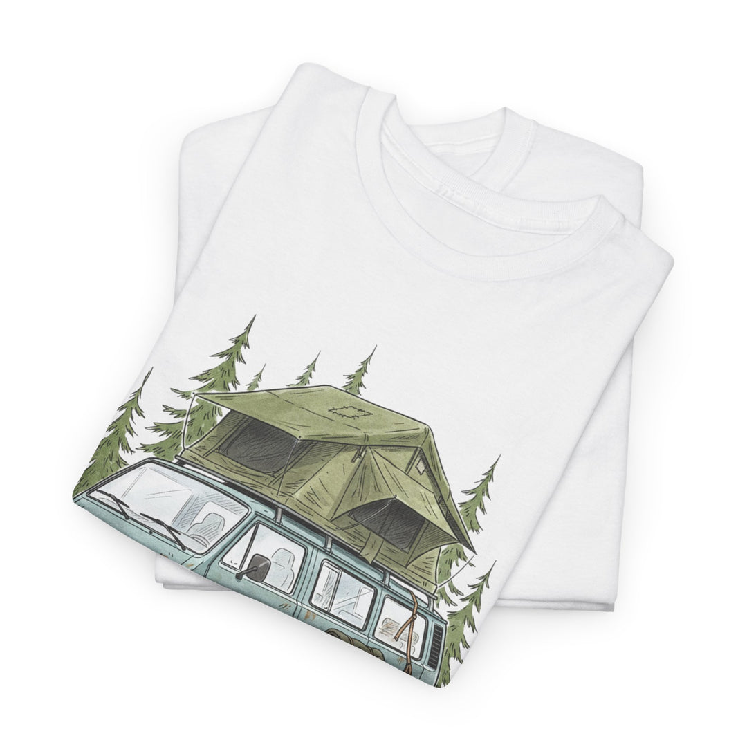 Van Life Adventure T-Shirt - Retro Camper Van &amp; Rooftop Tent Tee