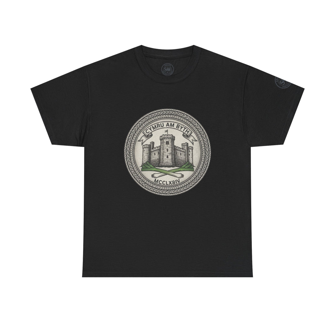 Black t-shirt from S&amp;W Gallus featuring a round crest design with castle, leeks, and motto graphic.