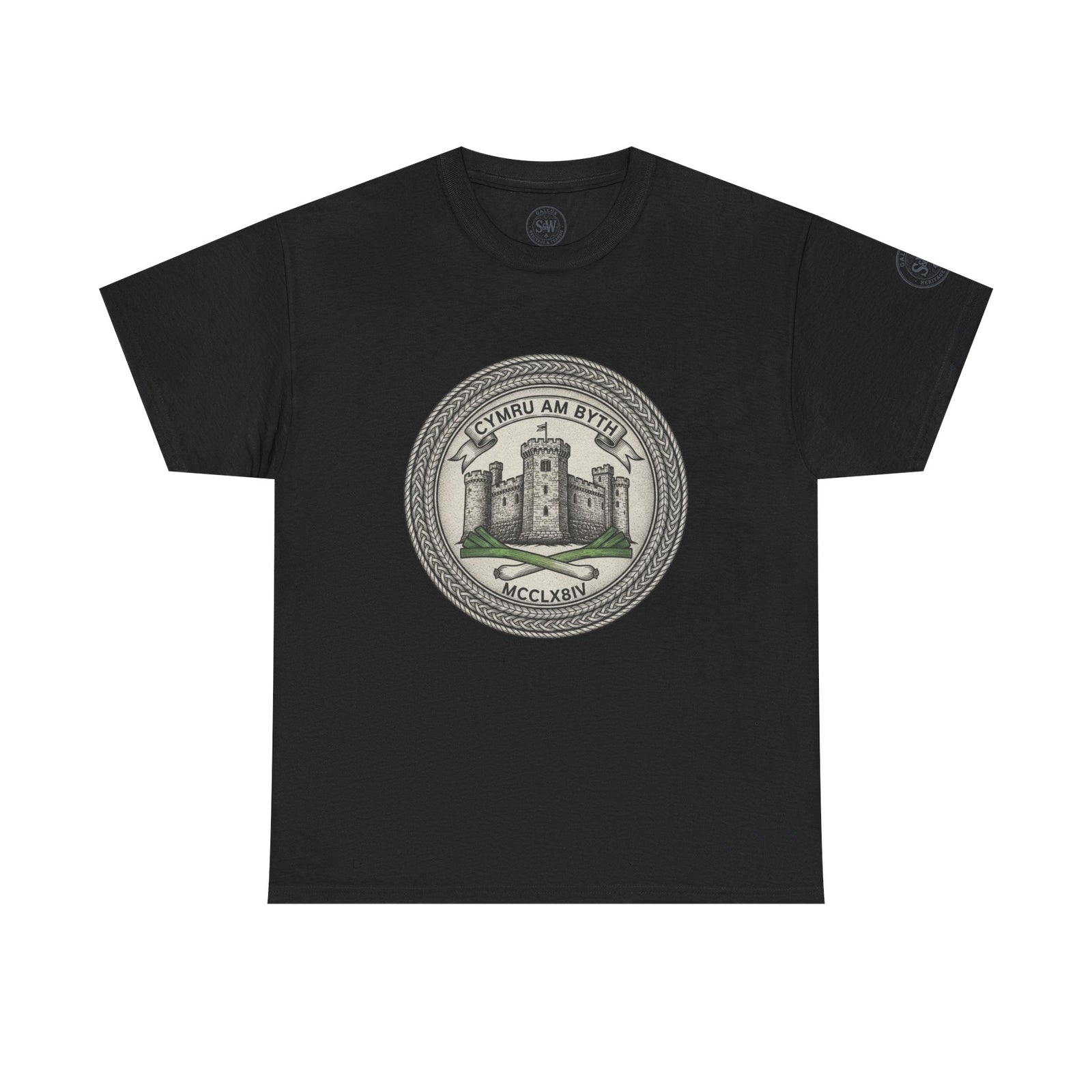 Black t-shirt from S&W Gallus featuring a round crest design with castle, leeks, and motto graphic.