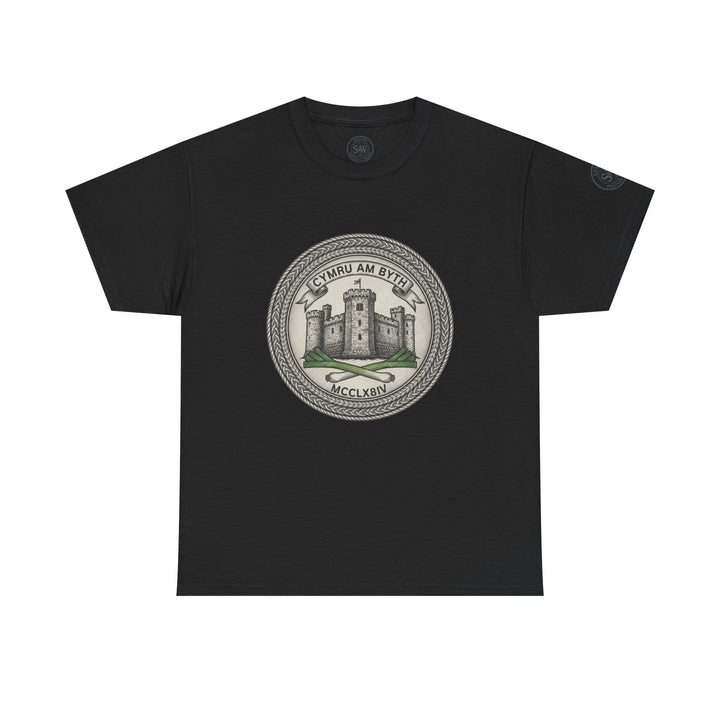 Black t-shirt from S&amp;W Gallus featuring a round crest design with castle, leeks, and motto graphic.