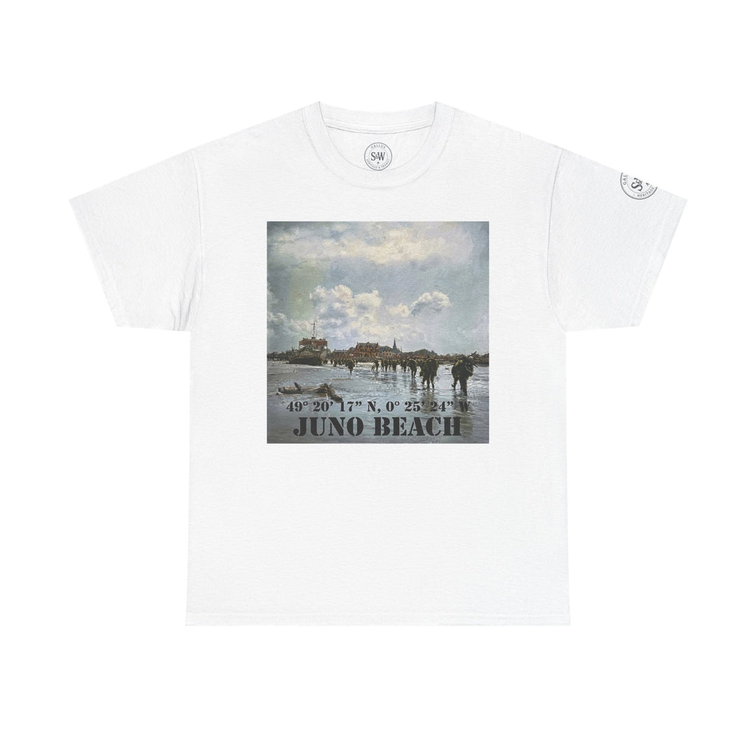 White t-shirt with a Juno Beach print by Veteran owned, featuring coordinate details.