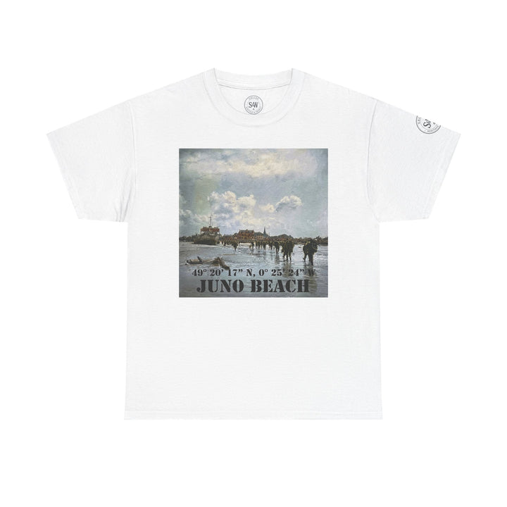 White t-shirt with a Juno Beach print by Veteran owned, featuring coordinate details.