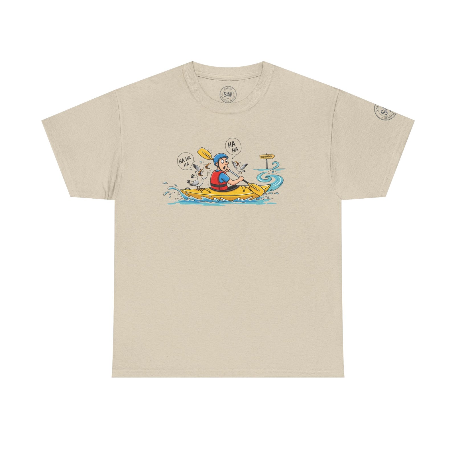 Beige t-shirt by S&W Gallus featuring a cartoon of a kayaker being taunted by seagulls.