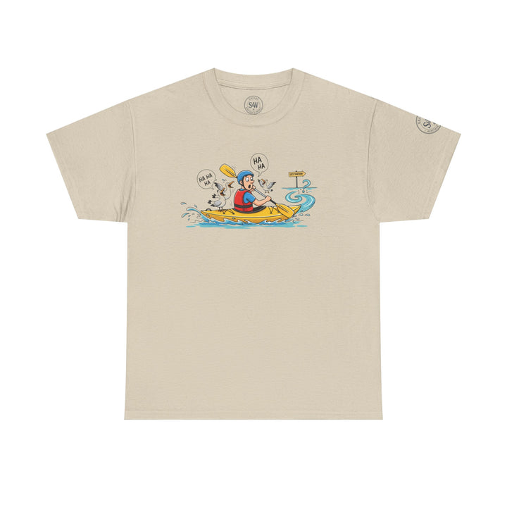 Beige t-shirt by S&amp;W Gallus featuring a cartoon of a kayaker being taunted by seagulls.