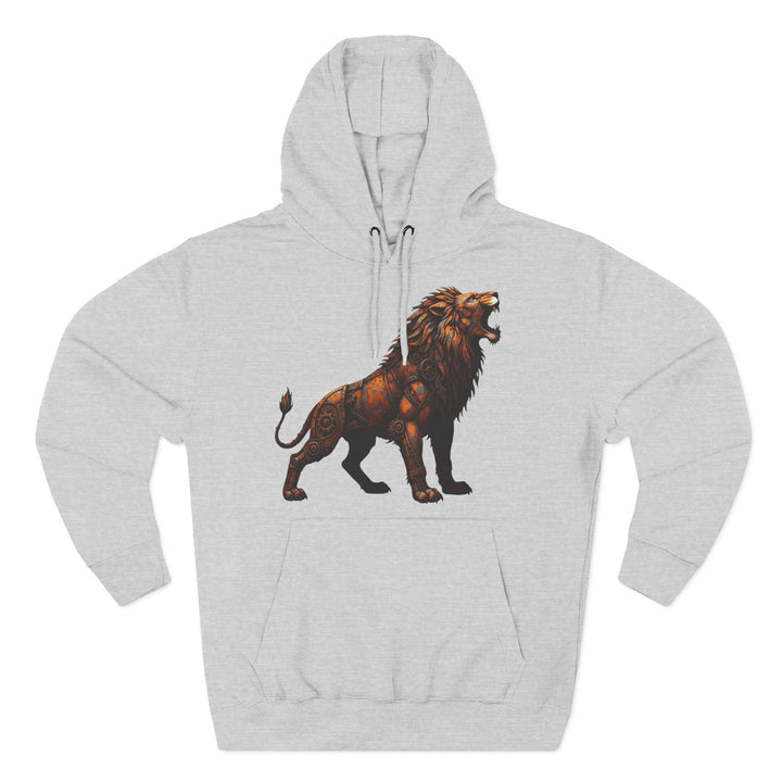 Gray hoodie from S&amp;W Gallus featuring a rust-colored steampunk lion design with intricate gear details and a front pouch pocket.