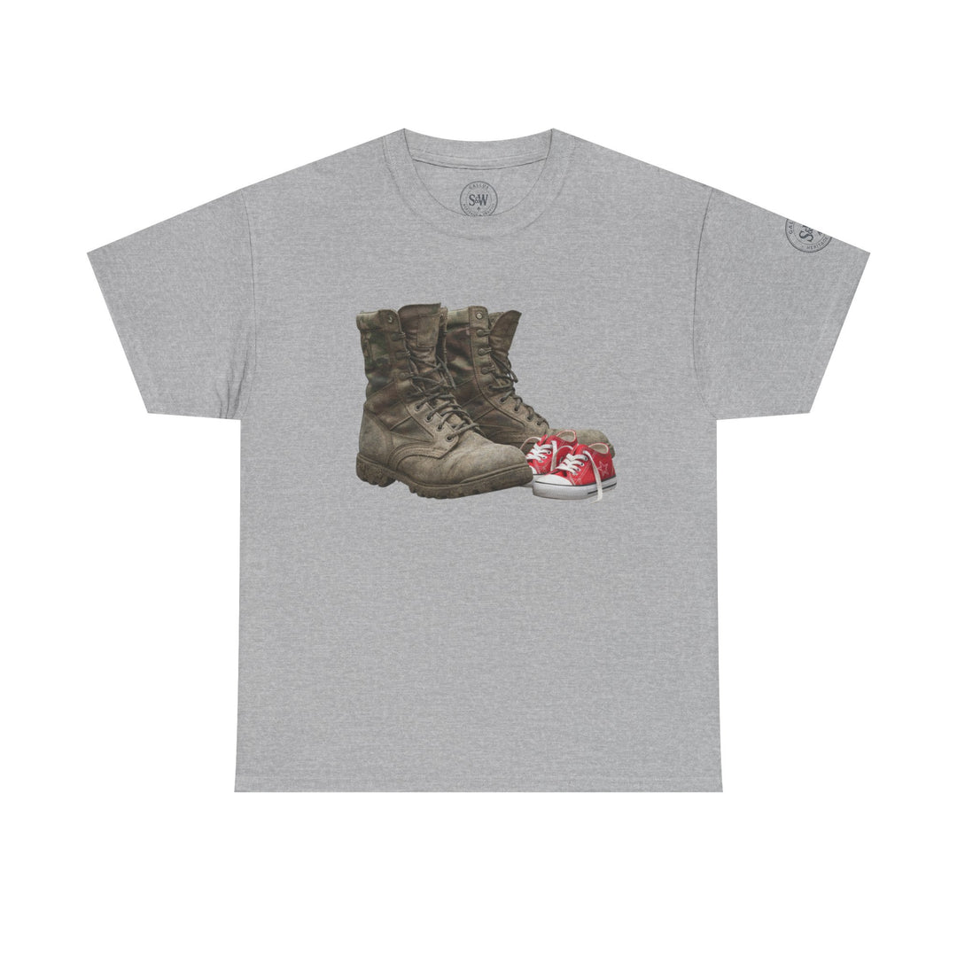 Gray t-shirt by S&amp;W Gallus with graphic of military boots next to a pair of small red sneakers.