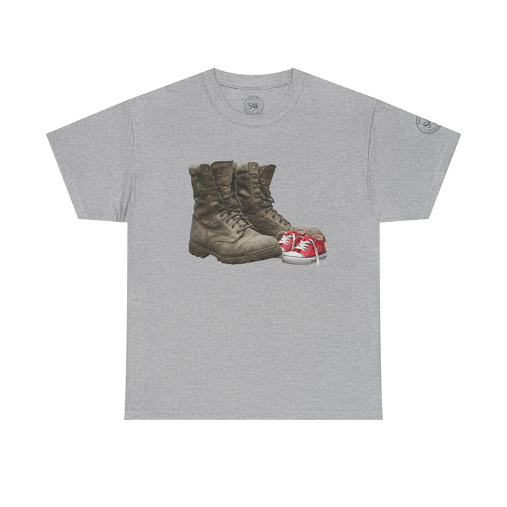 Gray t-shirt by S&amp;W Gallus with graphic of military boots next to a pair of small red sneakers.