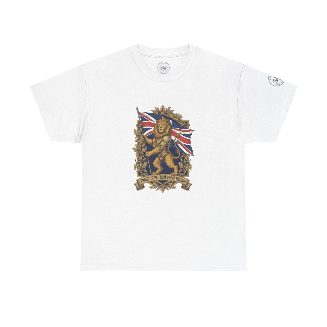 White T-shirt with British Lion Crest graphic by S&amp;W Gallus, featuring a lion and the Union Jack.