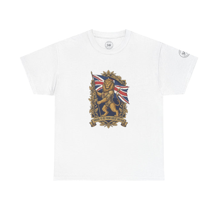 White T-shirt with British Lion Crest graphic by S&amp;W Gallus, featuring a lion and the Union Jack.
