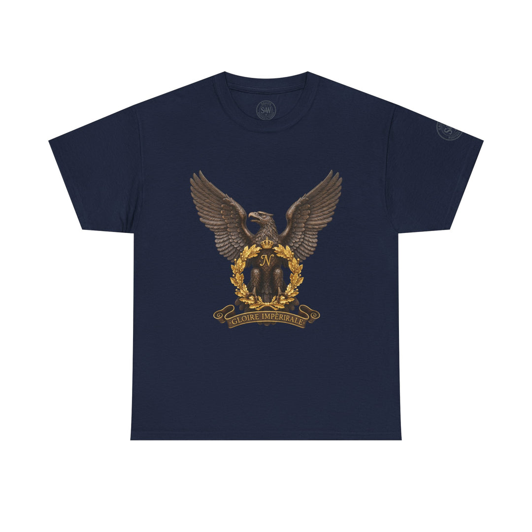 Navy T-shirt from S&amp;W Gallus displaying an imperial eagle crest with laurel wreath and imperial slogan.
