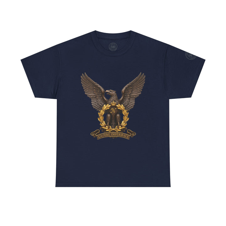 Navy T-shirt from S&amp;W Gallus displaying an imperial eagle crest with laurel wreath and imperial slogan.
