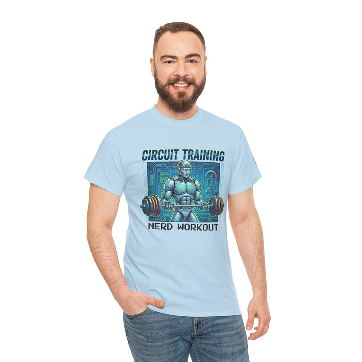 Light blue t-shirt by Veteran owned, featuring a robot weightlifter design with circuit training and nerd workout text, worn with blue jeans.
