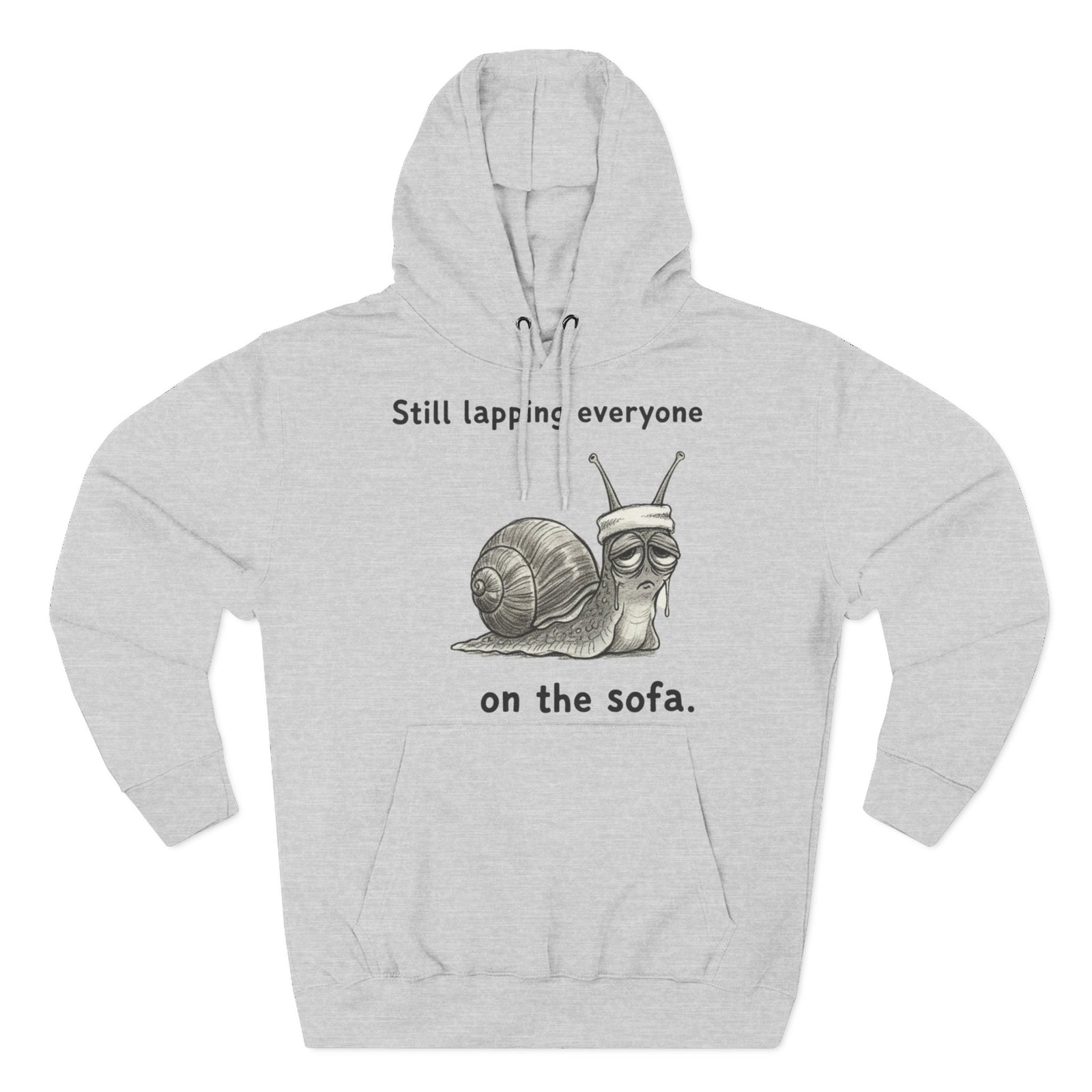 Gray hoodie by S&W Gallus featuring a drawing of a snail with a headband and text.