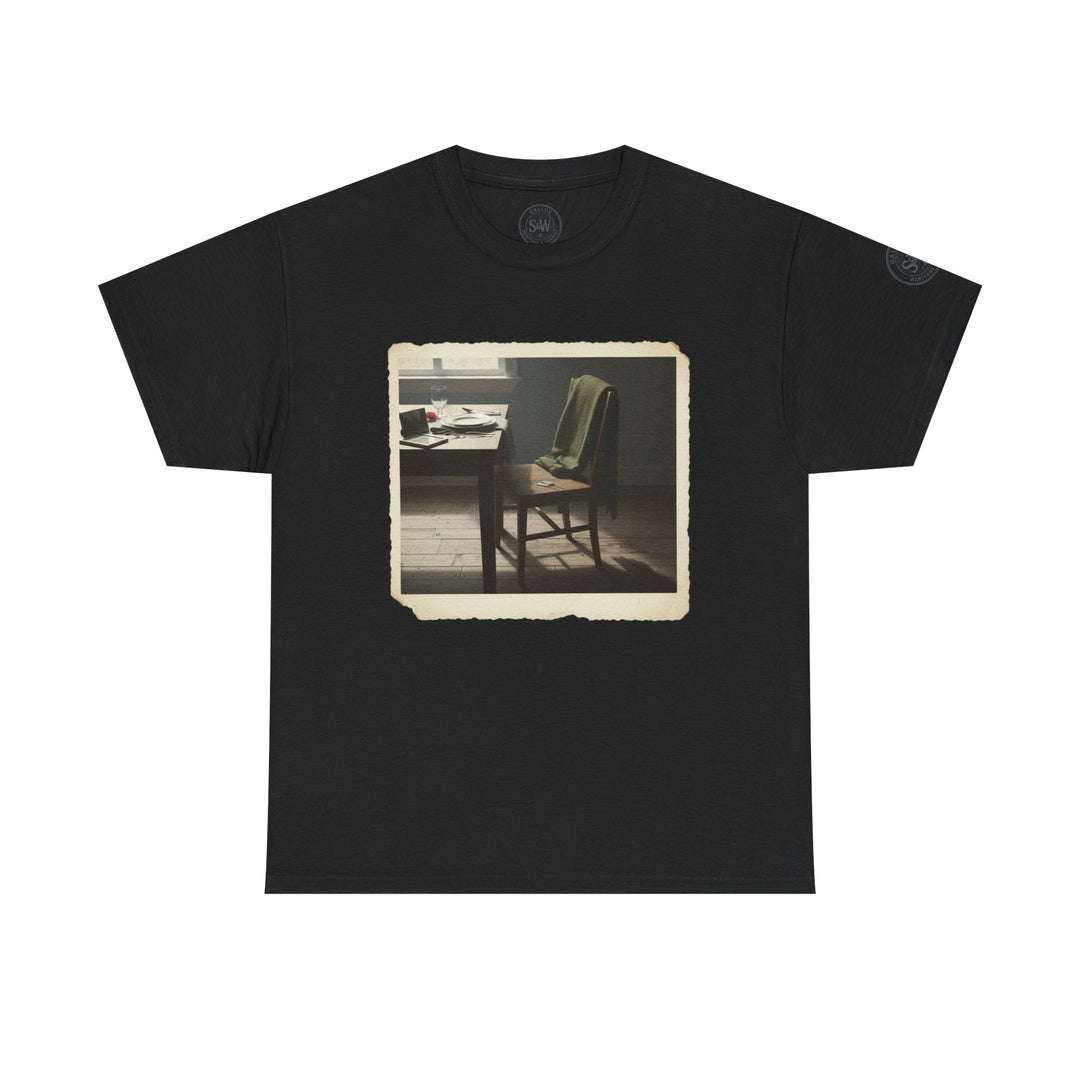 Black graphic t-shirt by S&amp;W Gallus featuring a vintage-style photograph of a dining room on the front.