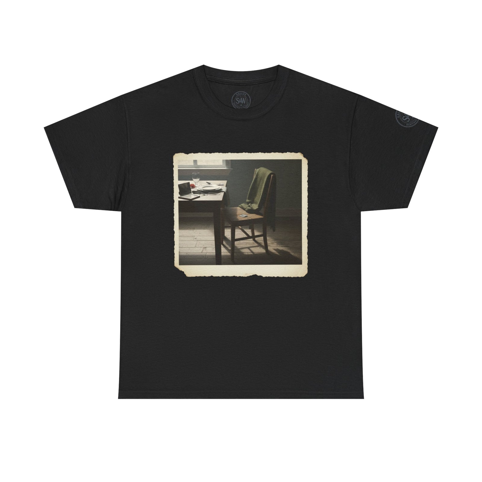 Black graphic t-shirt by S&W Gallus featuring a vintage-style photograph of a dining room on the front.