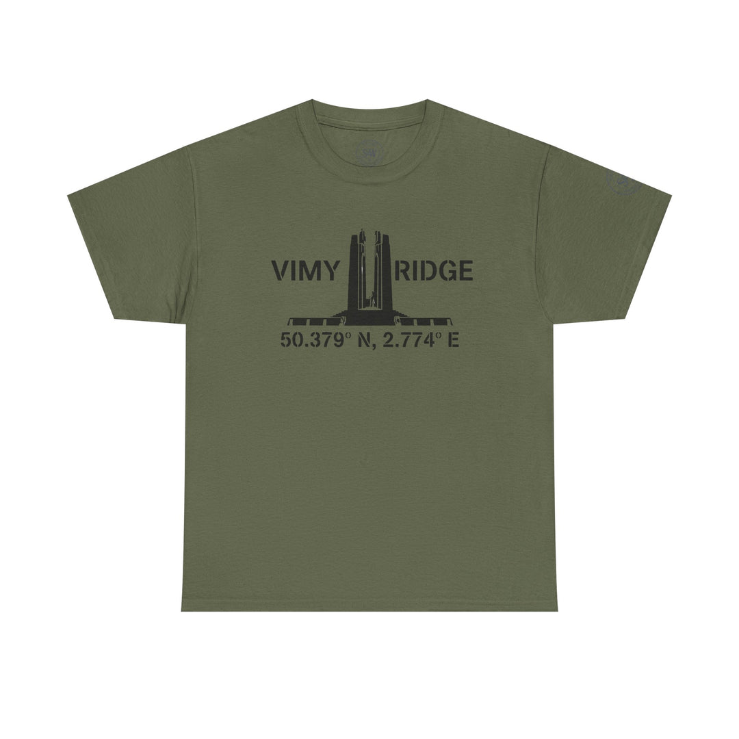 Olive drab t-shirt by S&amp;W Gallus with a Vimy Ridge war memorial graphic and its coordinates printed on the front.