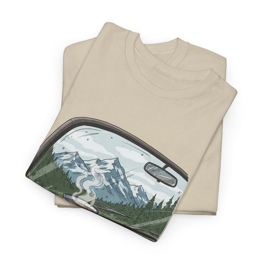 Van Roadtrip View T-Shirt featuring a scenic travel-inspired design. Soft cotton comfort perfect for van life, road trips, and outdoor adventures.