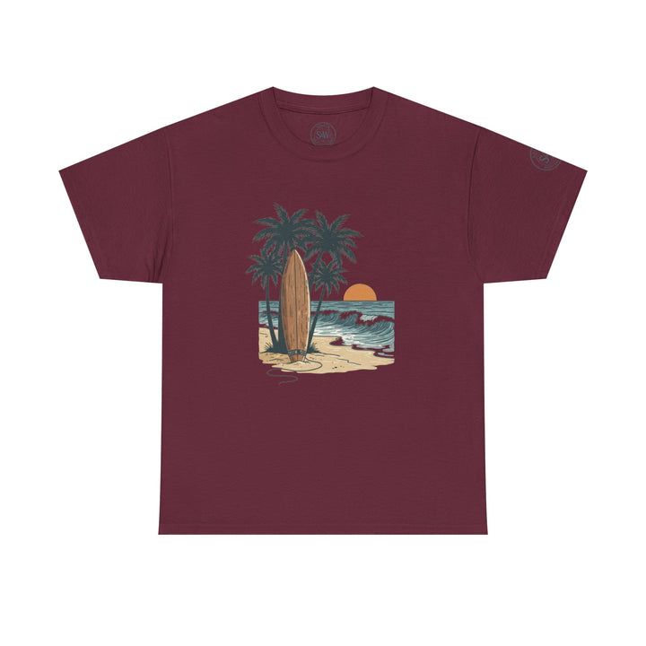 Maroon t-shirt by S&amp;W Gallus featuring a graphic print of a surfboard on a beach with palm trees and sunset.