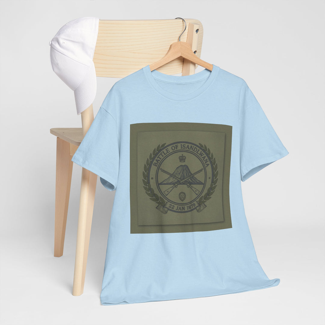 Isandlwana vintage military emblem crewneck T-shirt. Heritage graphic design inspired by historic battlefield legacy.