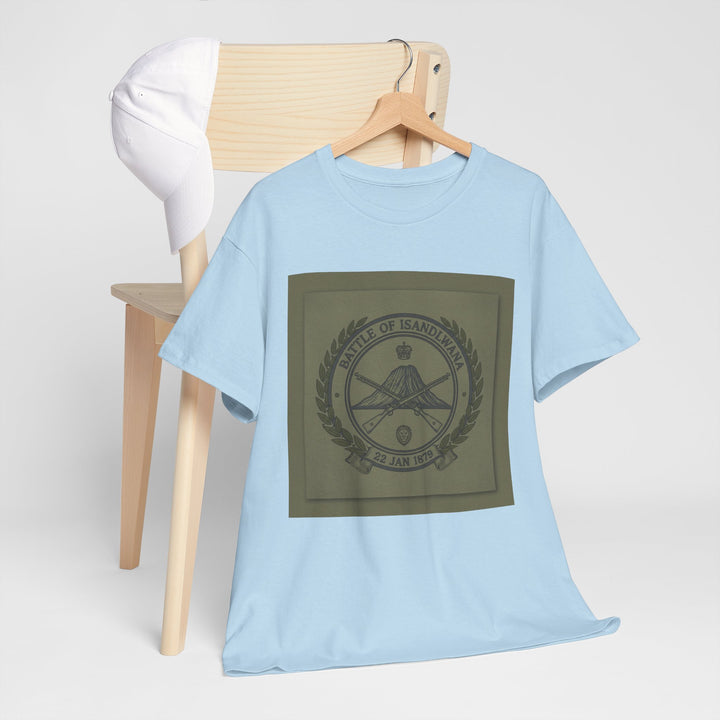 Isandlwana vintage military emblem crewneck T-shirt. Heritage graphic design inspired by historic battlefield legacy.