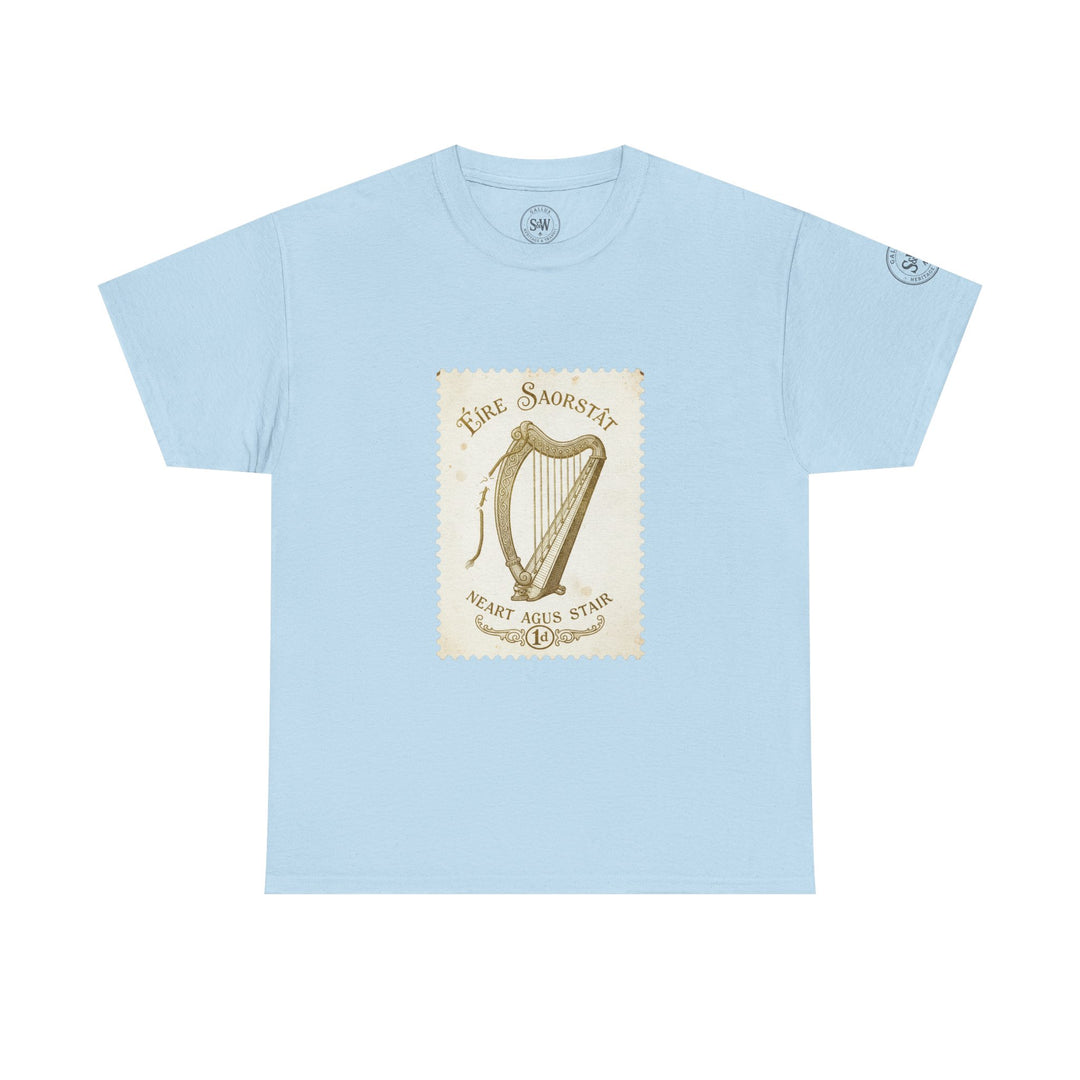 Light blue t-shirt by S&amp;W Gallus, featuring an Irish harp vintage stamp design on the front.