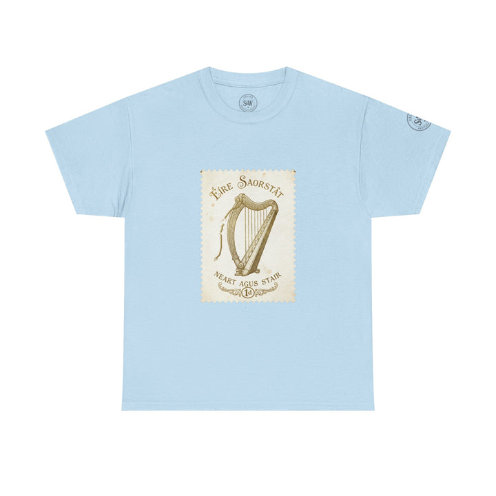 Light blue t-shirt by S&amp;W Gallus, featuring an Irish harp vintage stamp design on the front.