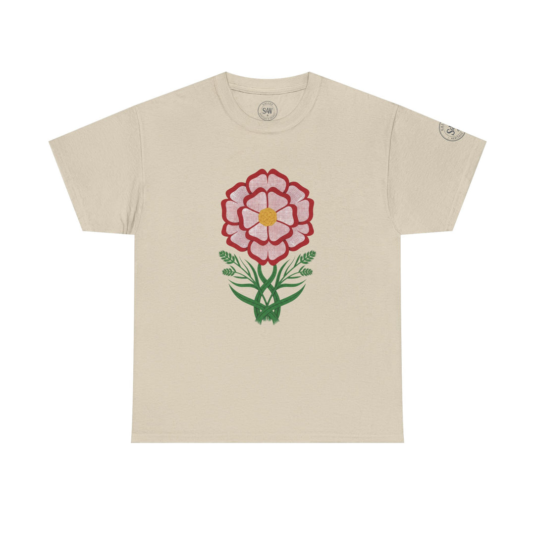 Beige t-shirt by S&amp;W Gallus featuring a floral Tudor rose graphic on the front.
