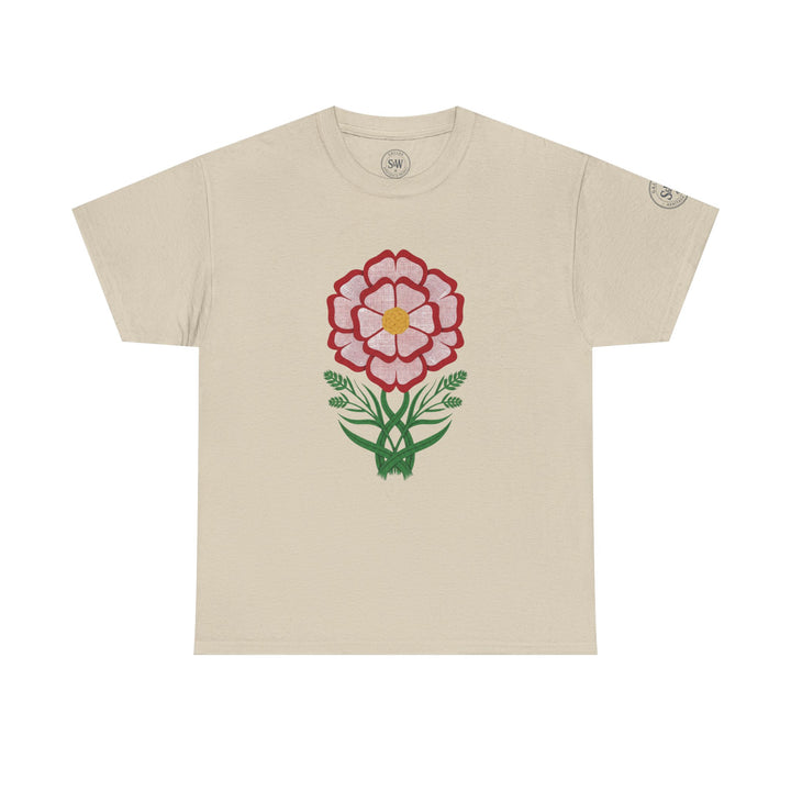 Beige t-shirt by S&amp;W Gallus featuring a floral Tudor rose graphic on the front.