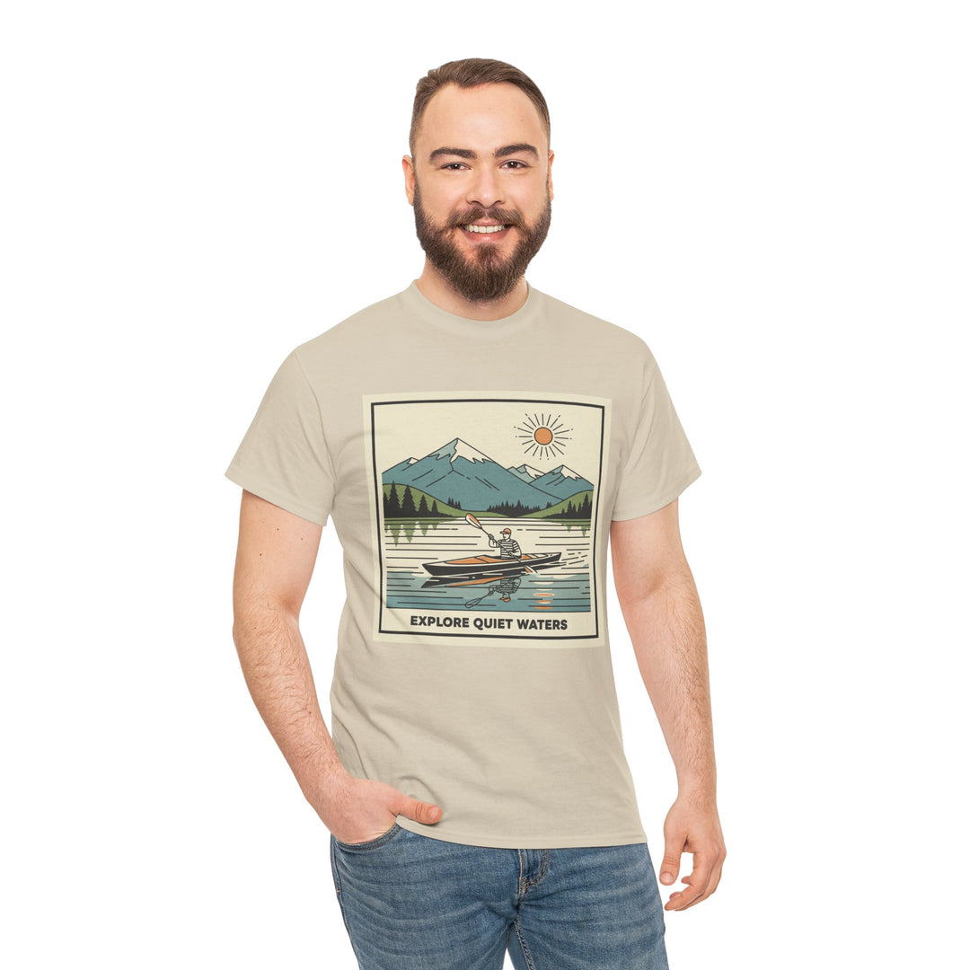 Beige graphic tee by S&amp;W Gallus featuring a kayaking scene and "Explore Quiet Waters" text, worn with jeans.